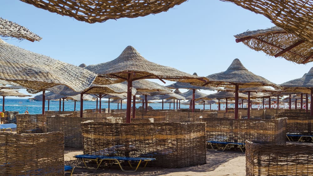 Rows of straw umbrellas from the sun, stretching into the distance on a wide beach on the Red Sea, Makadi Bay, Hurghada, Egypt.