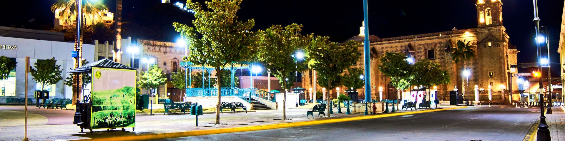downtown at night with church in the background and alone street, in hidalgo del parral chihuahua