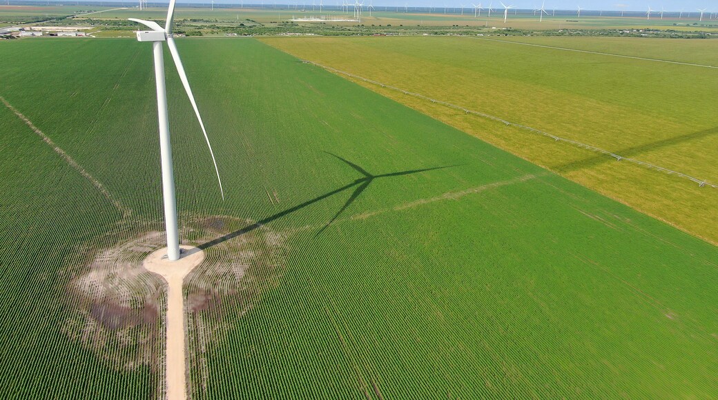 Een windmolen in een groen veld met een heldere lucht.