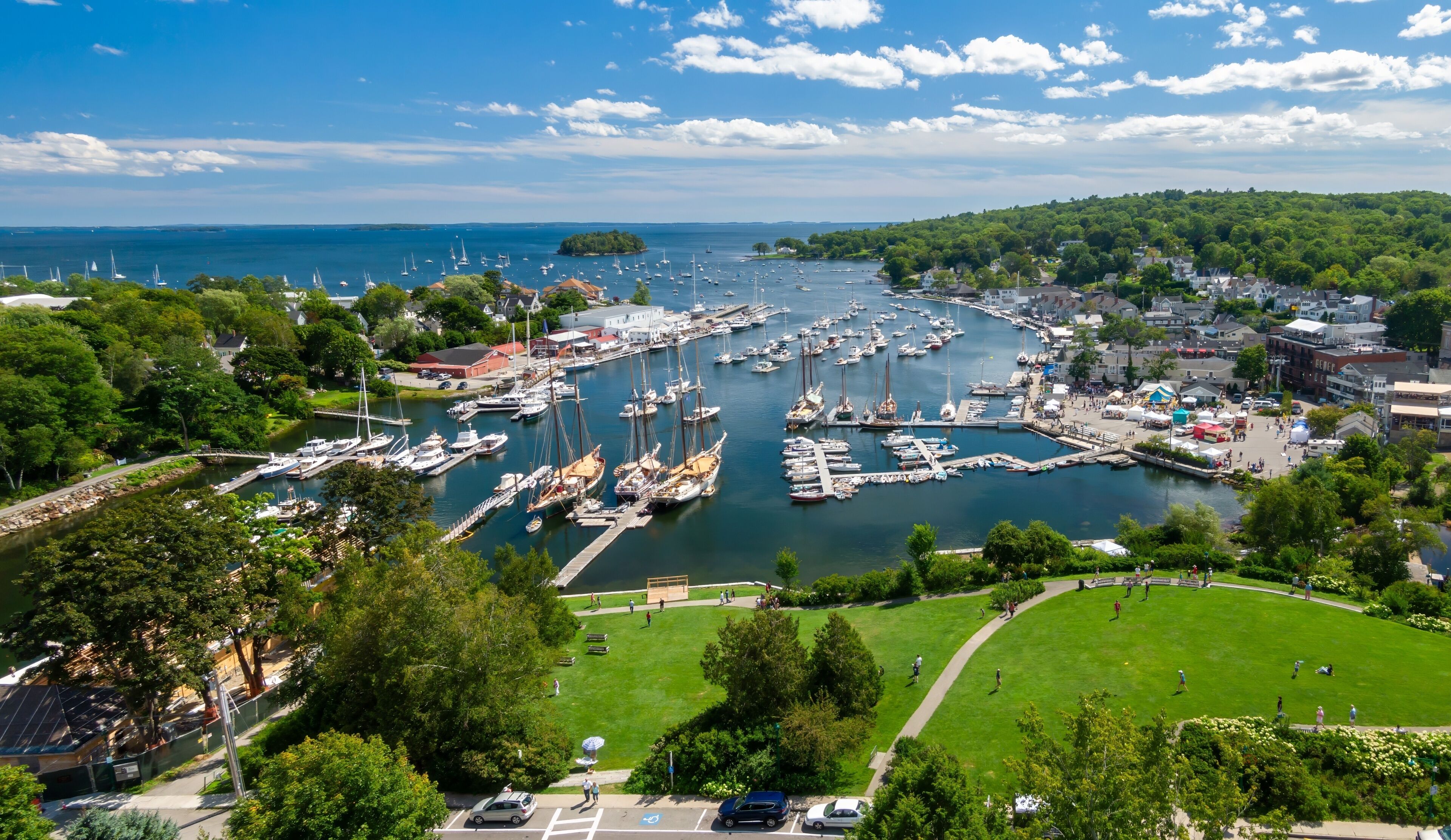 Park and Boats moored in the Camden Harbor, Camden, Maine, United States.