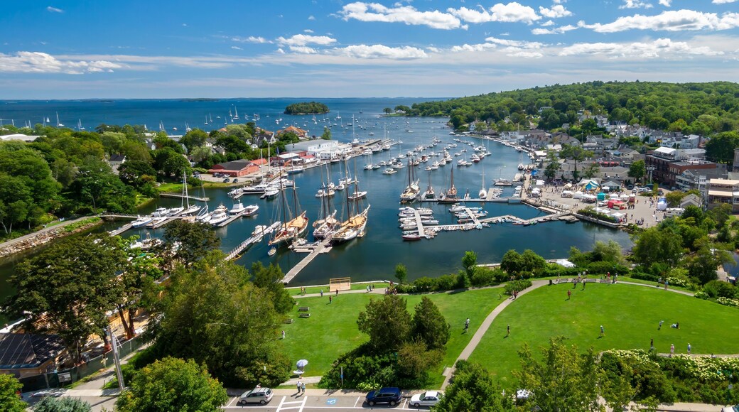 Park and Boats moored in the Camden Harbor, Camden, Maine, United States.