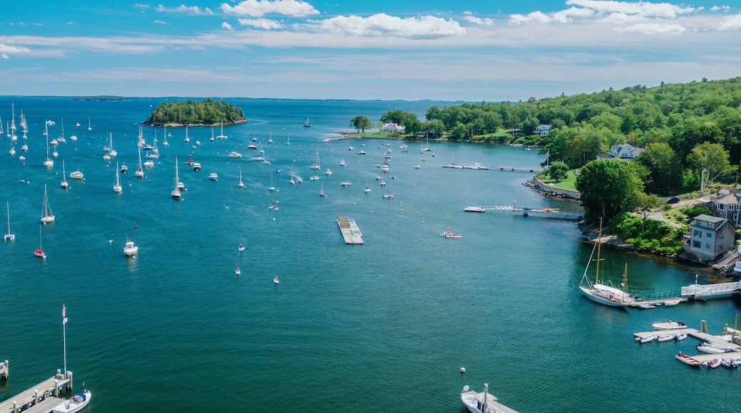 Boats moored in the Camden Harbor, Camden, Maine, United States.