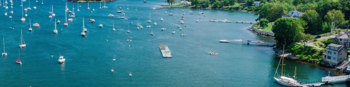 Boats moored in the Camden Harbor, Camden, Maine, United States.