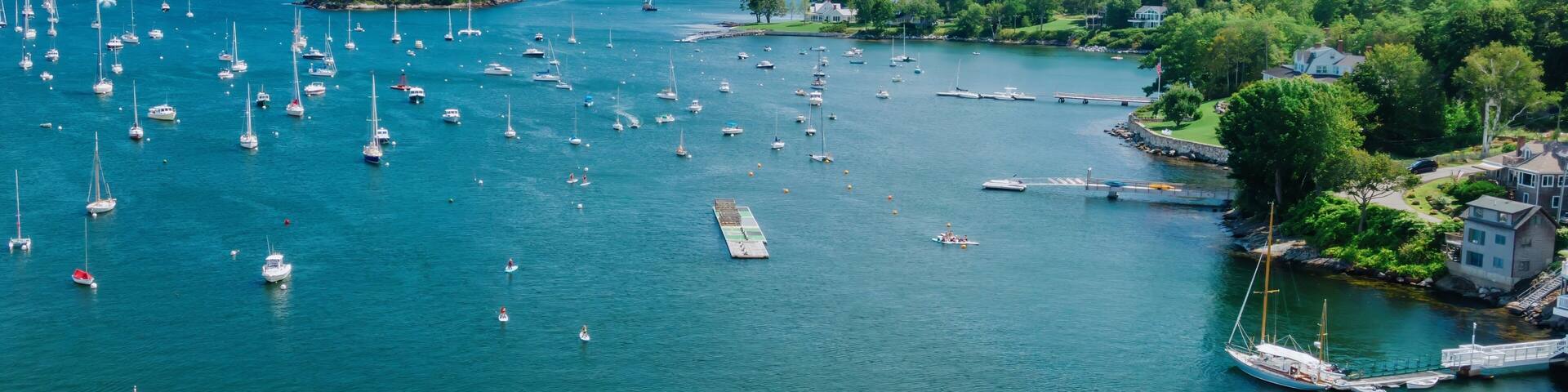 Boats moored in the Camden Harbor, Camden, Maine, United States.