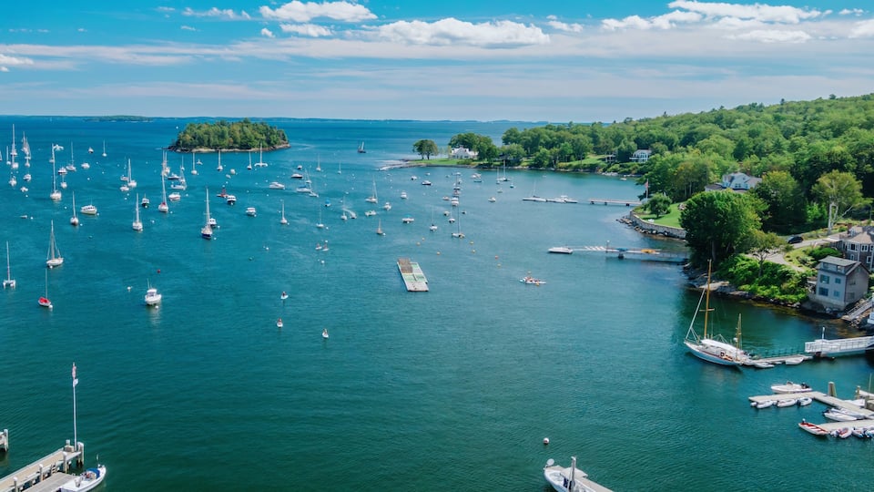 Boats moored in the Camden Harbor, Camden, Maine, United States.