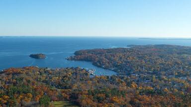 Town of Camden Maine in the late fall with Penobscot Bay and the horizon in the distance.