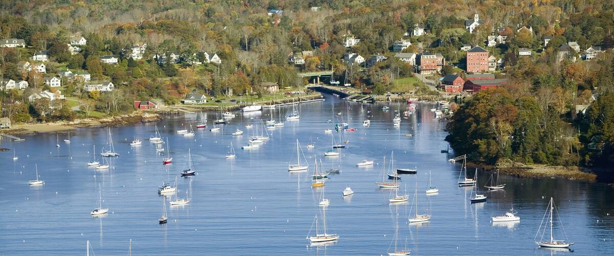 Aerial view of Camden Harbor in Camden, Maine