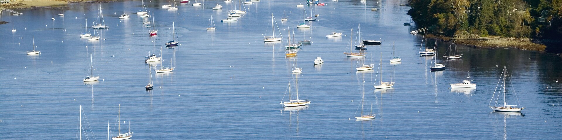 Aerial view of Camden Harbor in Camden, Maine
