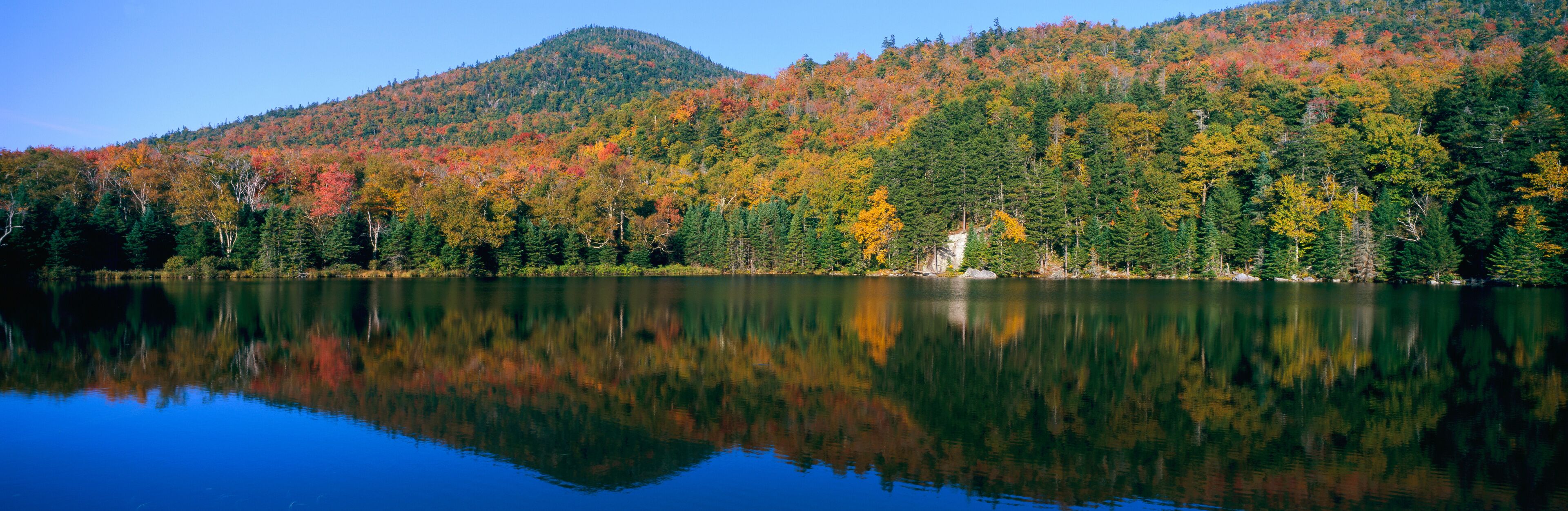 Un lac paisible qui reflète une forêt aux couleurs automnales.