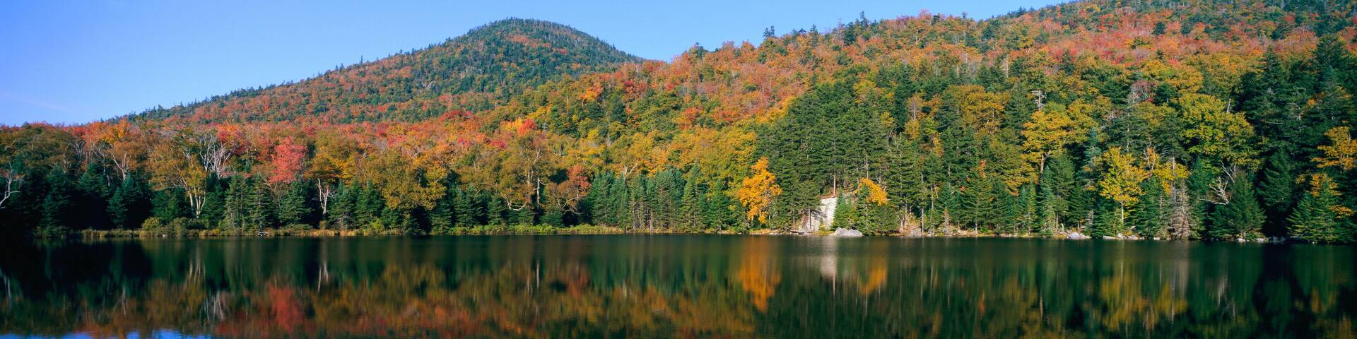 A calm lake reflecting a forest with autumn foliage.