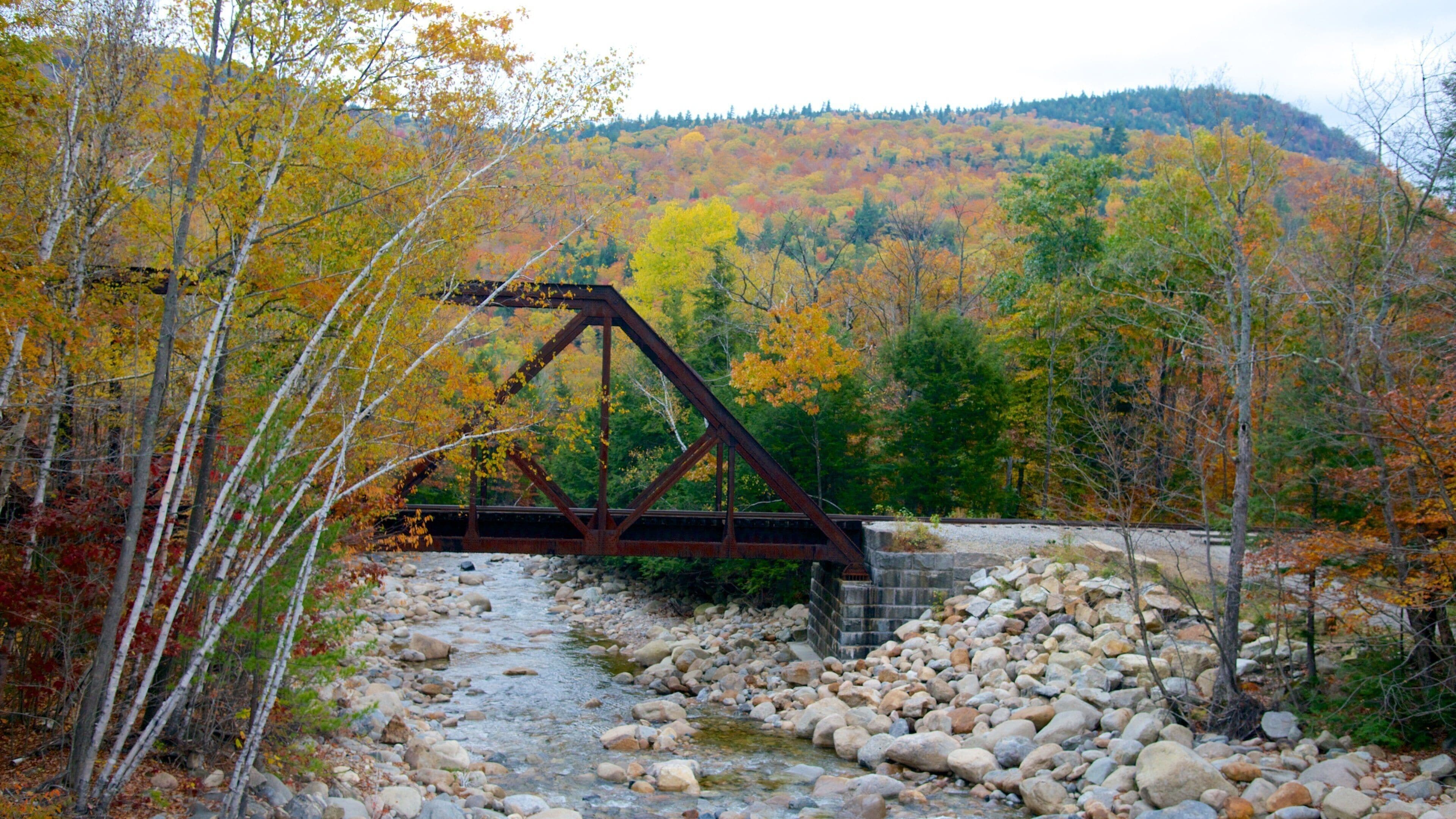 A rusted metal bridge over a rocky stream in a forested area with autumn foliage.