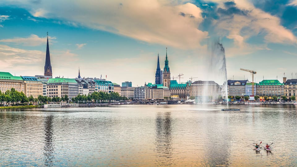 Binnenalster (Inner Alster Lake) panorama in Hamburg, Germany at sunset