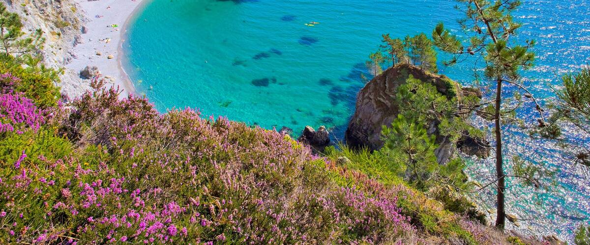 A coastal landscape with a turquoise beach, rocky cliffs, and dense vegetation.