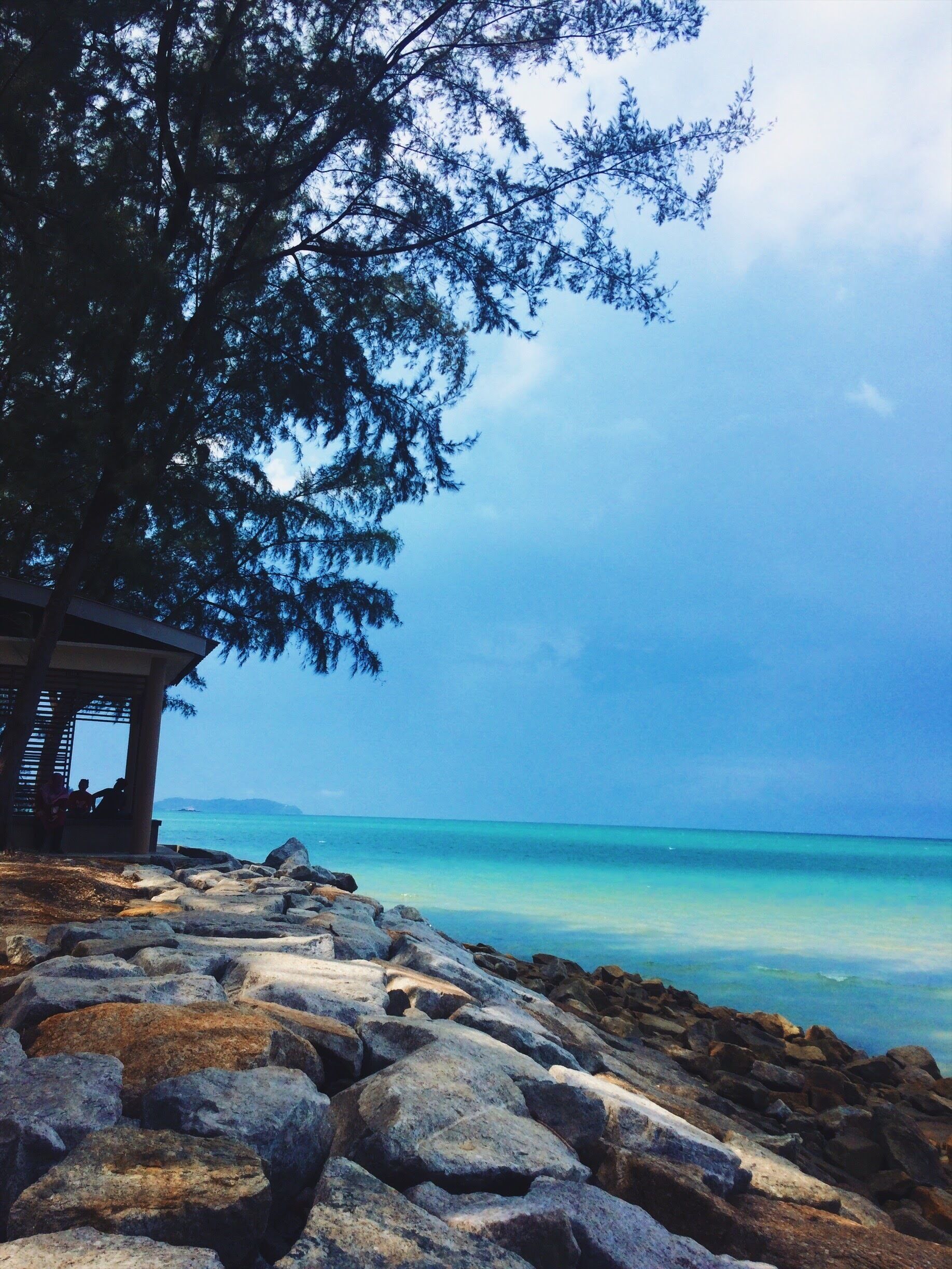A rocky shoreline with a gazebo and a tree.