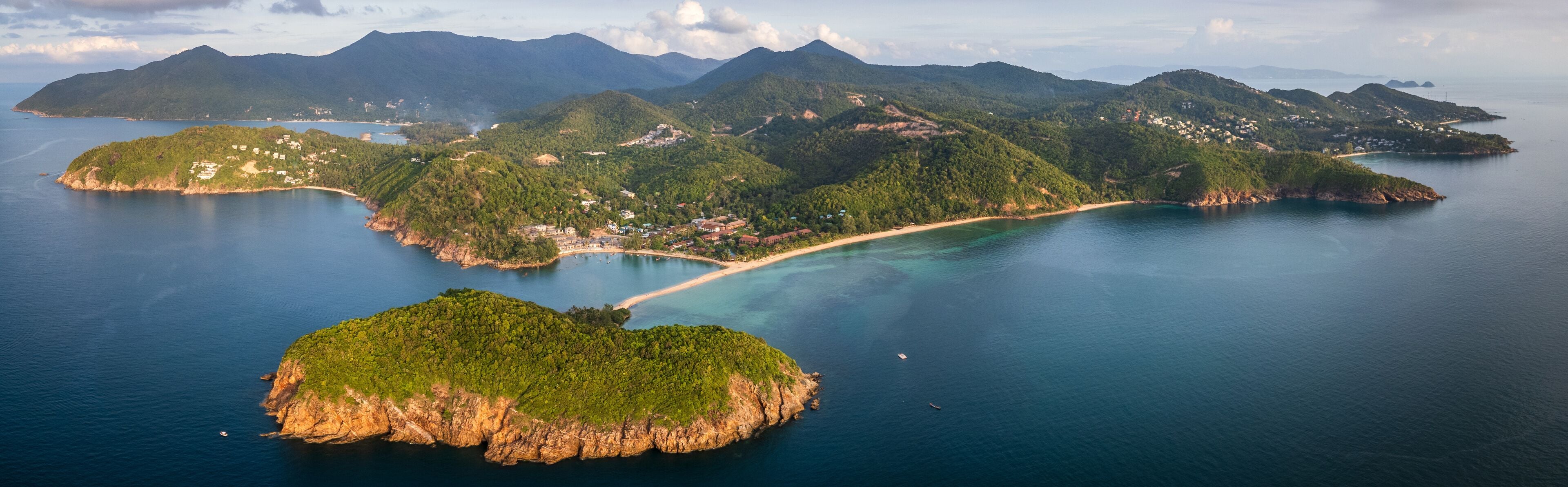 Aerial of Koh Nang Yuan islet at sunset beach in the island of Koh Phangan Thailand holiday destination