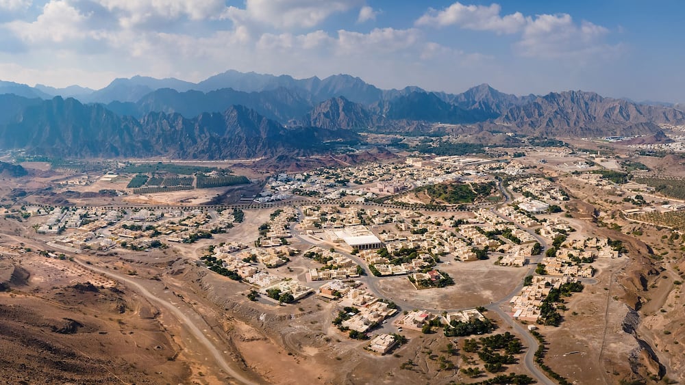 Hatta town aerial cityscape in Dubai emirate of the UAE