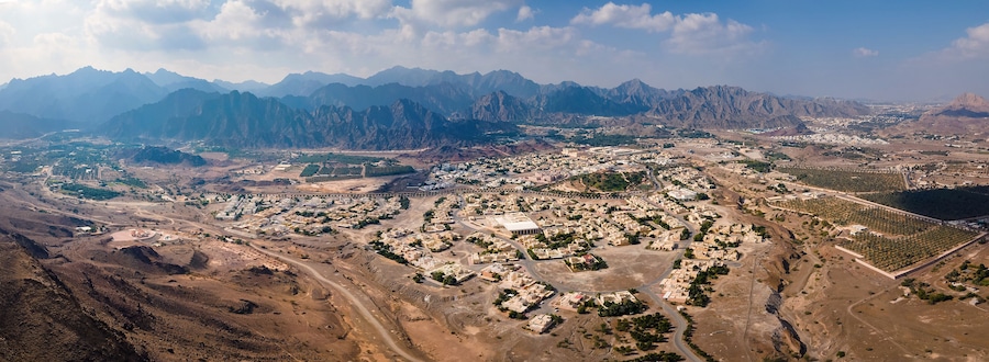 Hatta town aerial cityscape in Dubai emirate of the UAE