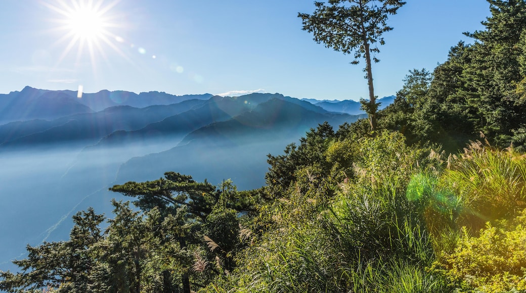 KJNPAN Morning view of shining sun on clear blue sky over complicated mountain range at Zhushan forest, Alishan Recreation Area of Taiwan.