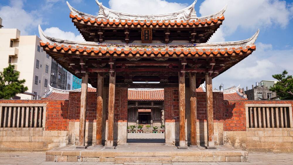 Building view of Lukang Lung-shan Temple in Changhua, Taiwan. It is a famous tourist attraction in Changhua County.