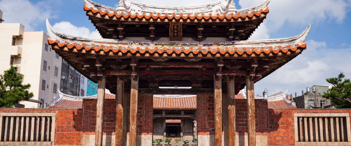 Building view of Lukang Lung-shan Temple in Changhua, Taiwan. It is a famous tourist attraction in Changhua County.
