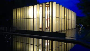 Um edifício moderno com painéis verticais de vidro e reflexo na água.