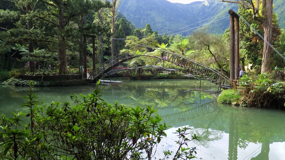 A wooden bridge over a calm river surrounded by lush greenery and mountains in the background.