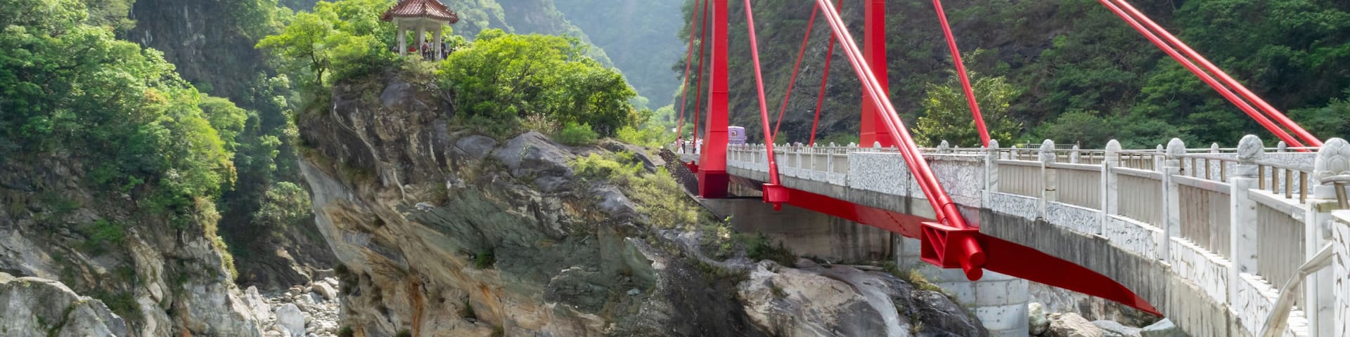 Red Bridge above Gorge and Chinese Temple Pagoda on Hill in Taroko National Park - Hualien County, Taiwan