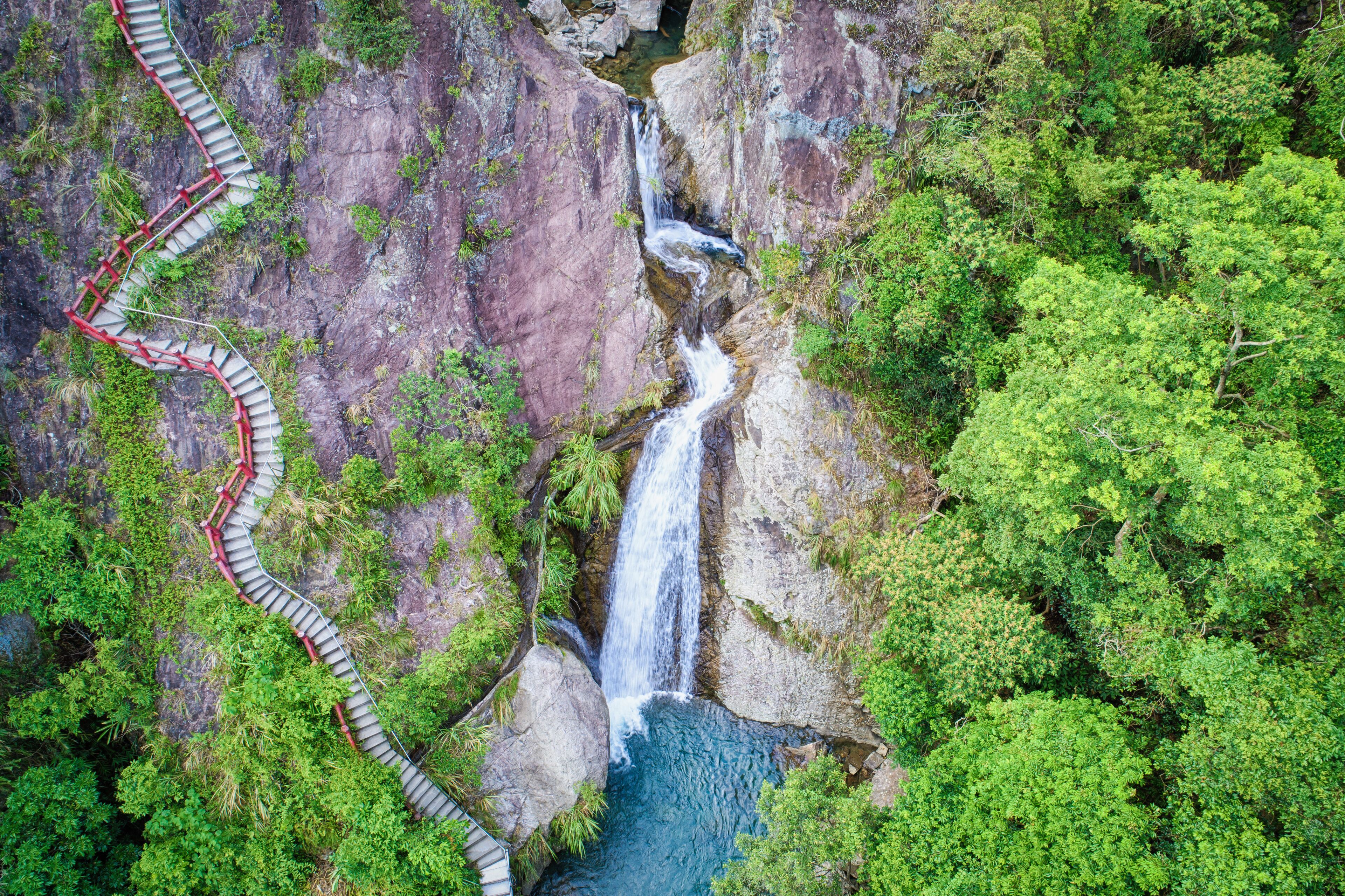 Houdongkeng (Monkey Cave) Waterfall Aerial Photography - Birds eye view use the drone photography, shot in Jiaoxi Township, Yilan, Taiwan.