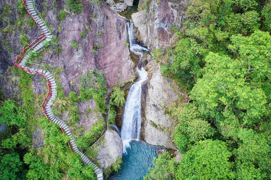Houdongkeng (Monkey Cave) Waterfall Aerial Photography - Birds eye view use the drone photography, shot in Jiaoxi Township, Yilan, Taiwan.; Shutterstock ID 715137877; purchase_order: SF 06557000; job: