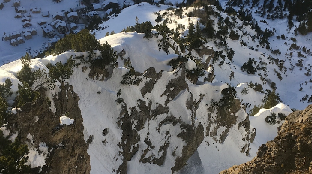 At first we didn't know if this couloir would be skiable, but after walking on the rocks to make sure it was a clear path we knew we had to ski it! With a magnificent view of the town below it was the perfect way to end the day as we skied into the shadowed valley below near sunset. Malbun is the only ski area in the small country of Liechtenstein.
