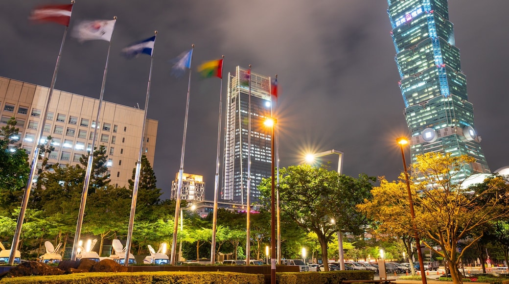 Xinyi which includes night scenes, a city and a high rise building