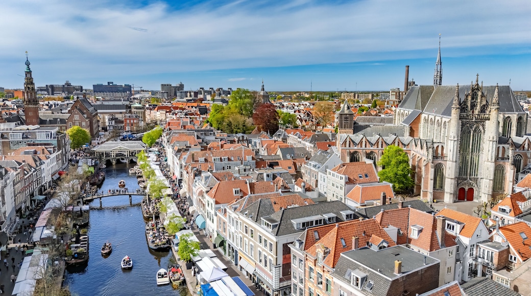 Leiden town aerial drone view from above, typical Dutch city skyline with canals and houses, Leiden architecture, South Holland, the Netherlands