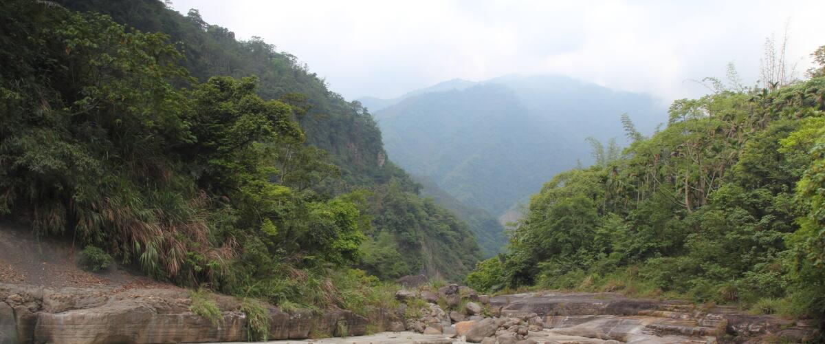 A river flowing through a mountainous landscape with large boulders and dense greenery.