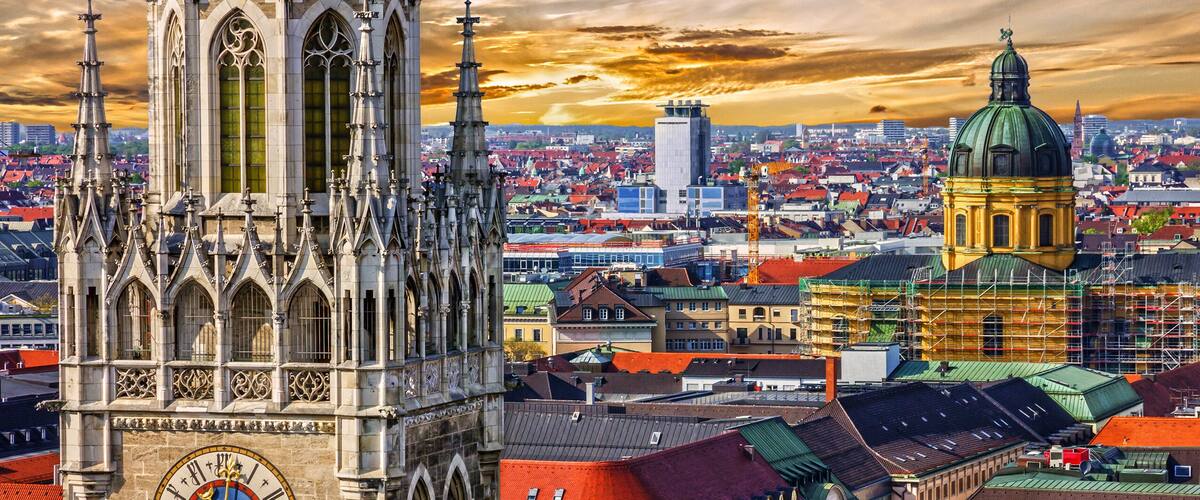 Munich architectural sunset view, Germany, Bavaria. Marienplatz town hall
