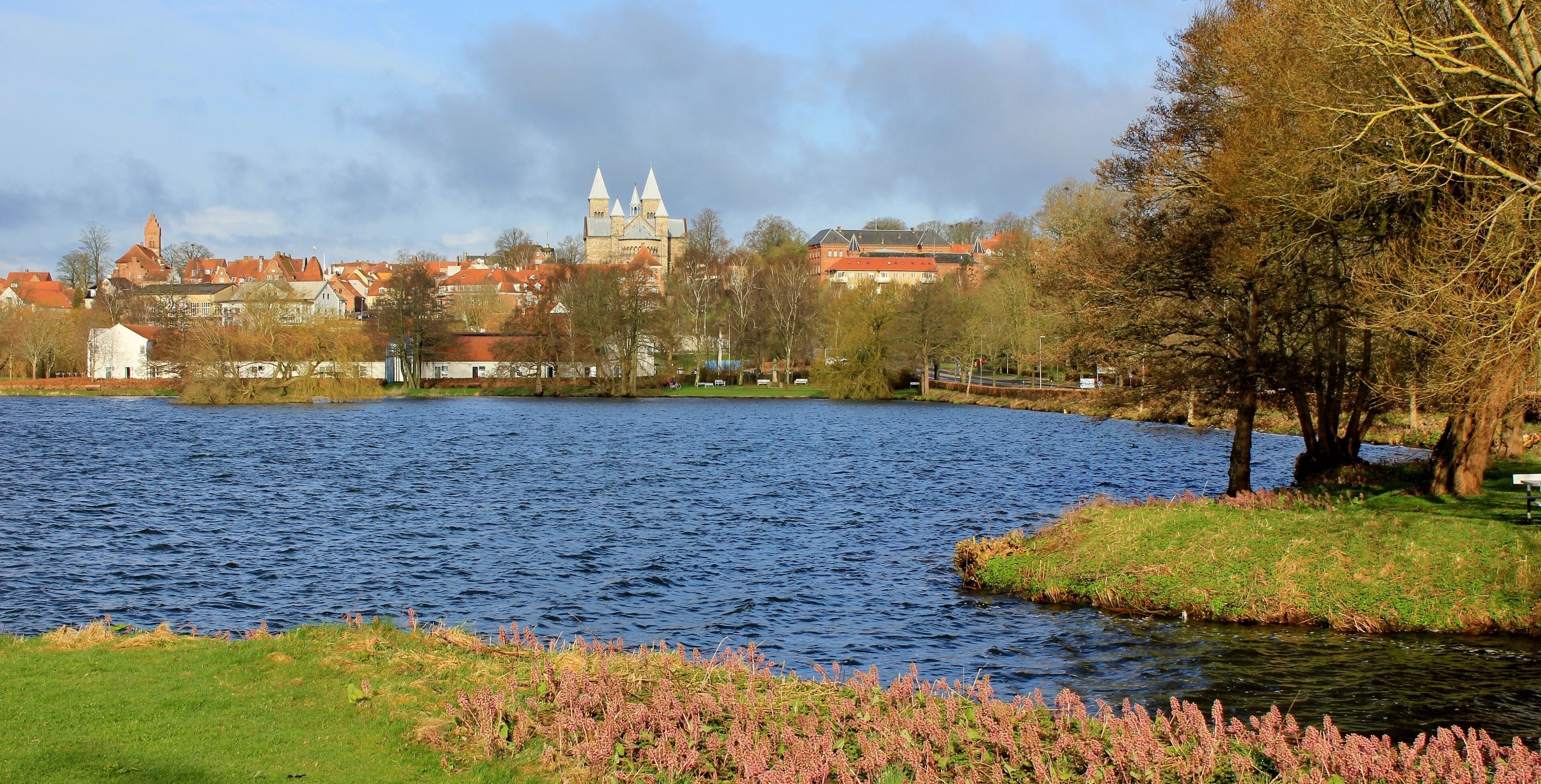 View of the city of Viborg, and Viborg Cathedral, seen from the lake; Soendersoe, (Søndersø) Jutland, Denmark