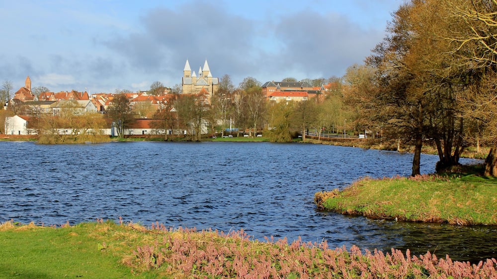 View of the city of Viborg, and Viborg Cathedral, seen from the lake; Soendersoe, (SĂžndersĂž) Jutland, Denmark