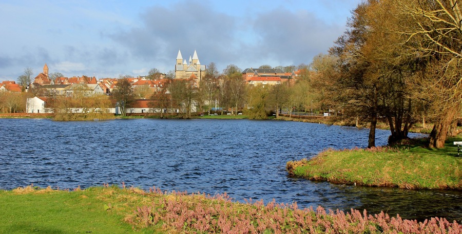 View of the city of Viborg, and Viborg Cathedral, seen from the lake; Soendersoe, (Søndersø) Jutland, Denmark