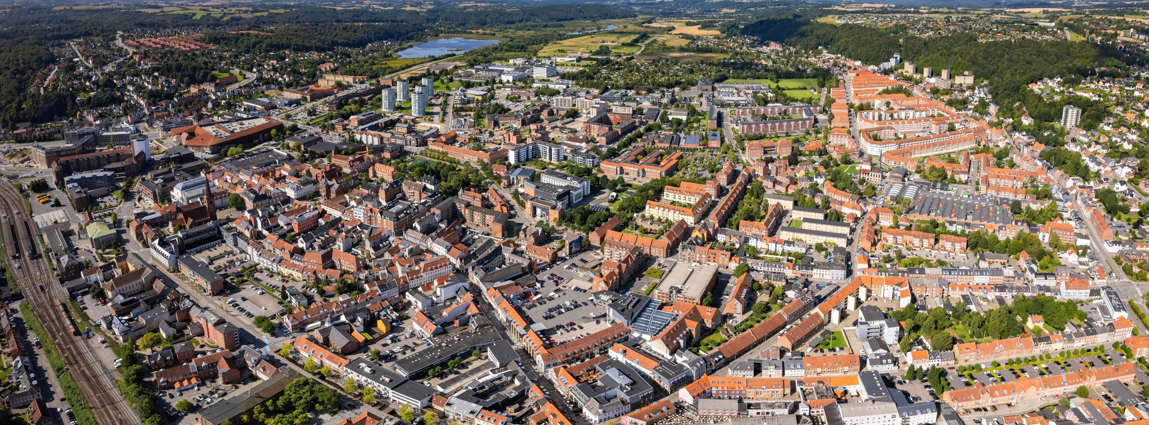 Aerial panorama of the downtown of the city Vejle in Denmark on a sunny summer day.