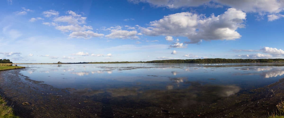 A calm lake with clear reflections of the sky and clouds, surrounded by grassy banks and distant trees.