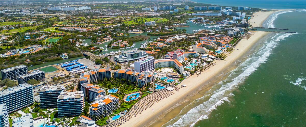 Aerial landscape of luxury hotel zone and marina in nuevo vallarta, nayarit mexico