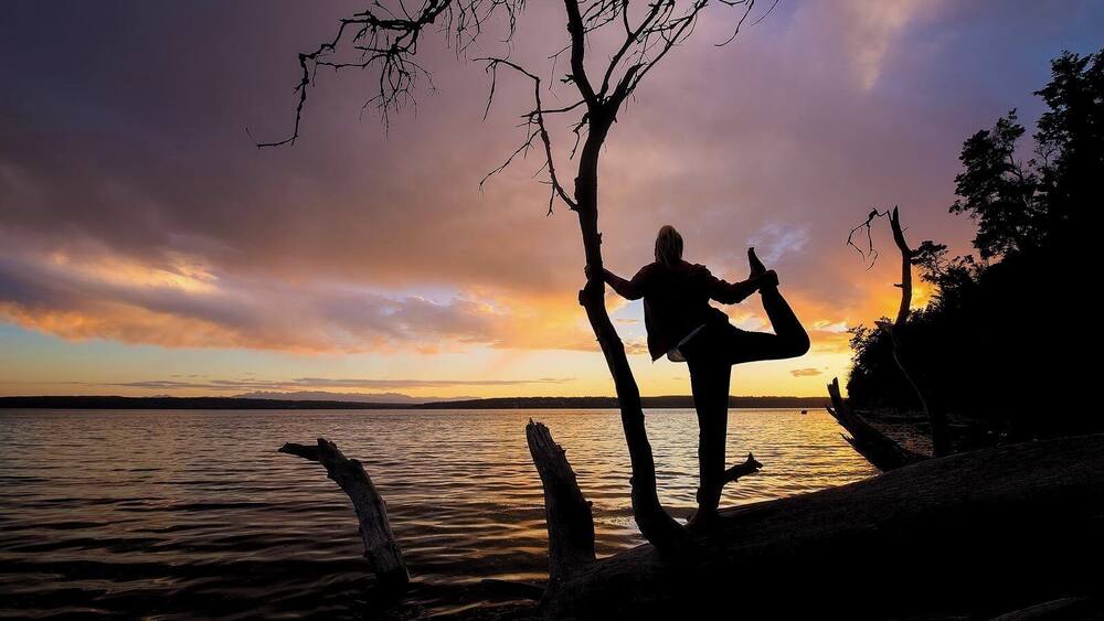 A silhouette of a person performing a yoga pose on a tree branch by a lake during sunset.