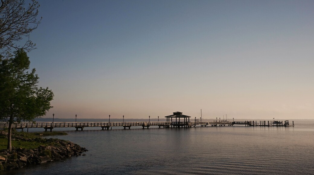 Pier reaching far into the St. Johns River on a clear, bright morning in Florida