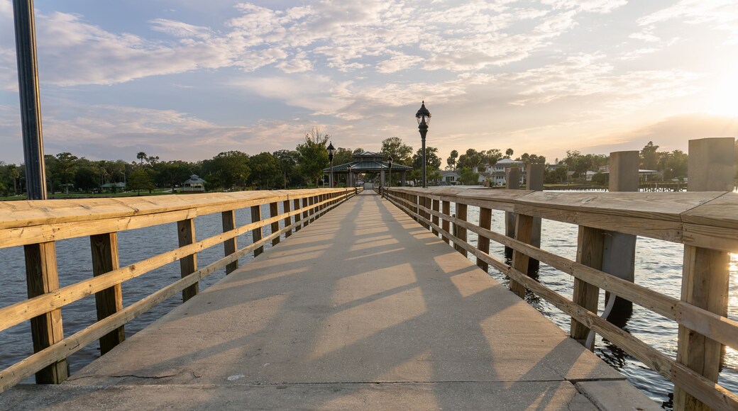 Green Cove Springs Public Pier in Green Cove Springs, Florida. Fishing pier and boat dock on the St. Johns River. Sunset, covered pavilion, boat slips, Jacksonville area, Clay county.