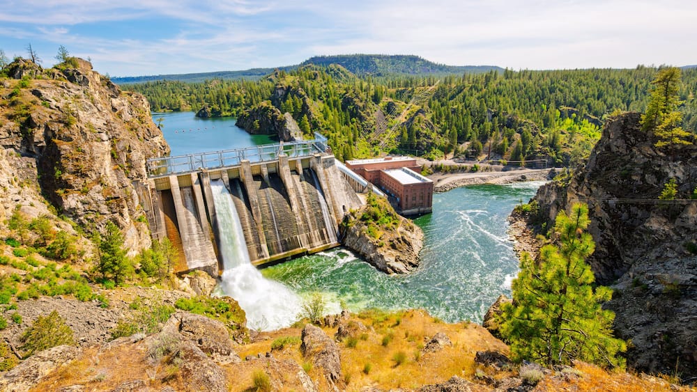 View of the Spokane River and reservoir from the scenic Long Lake Dam Overlook on Lake Spokane in Ford, Stevens County, Washington State, at Spring.