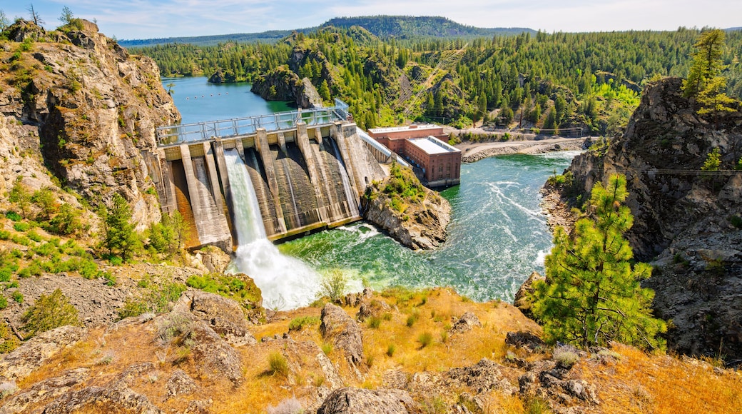 View of the Spokane River and reservoir from the scenic Long Lake Dam Overlook on Lake Spokane in Ford, Stevens County, Washington State, at Spring.