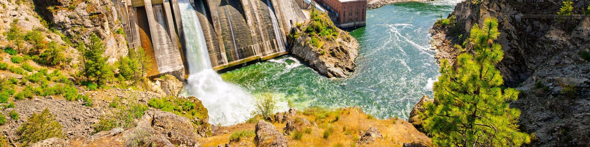 View of the Spokane River and reservoir from the scenic Long Lake Dam Overlook on Lake Spokane in Ford, Stevens County, Washington State, at Spring.