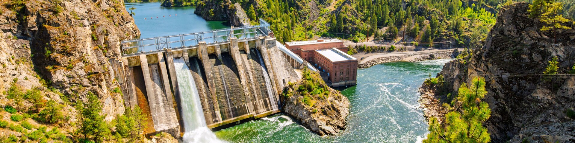 View of the Spokane River and reservoir from the scenic Long Lake Dam Overlook on Lake Spokane in Ford, Stevens County, Washington State, at Spring.