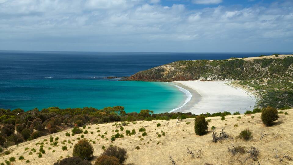 A coastal landscape with a sandy beach, turquoise waters, and a hilly backdrop with sparse vegetation.