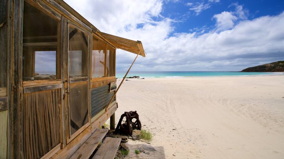 A wooden structure with a beach in the background.