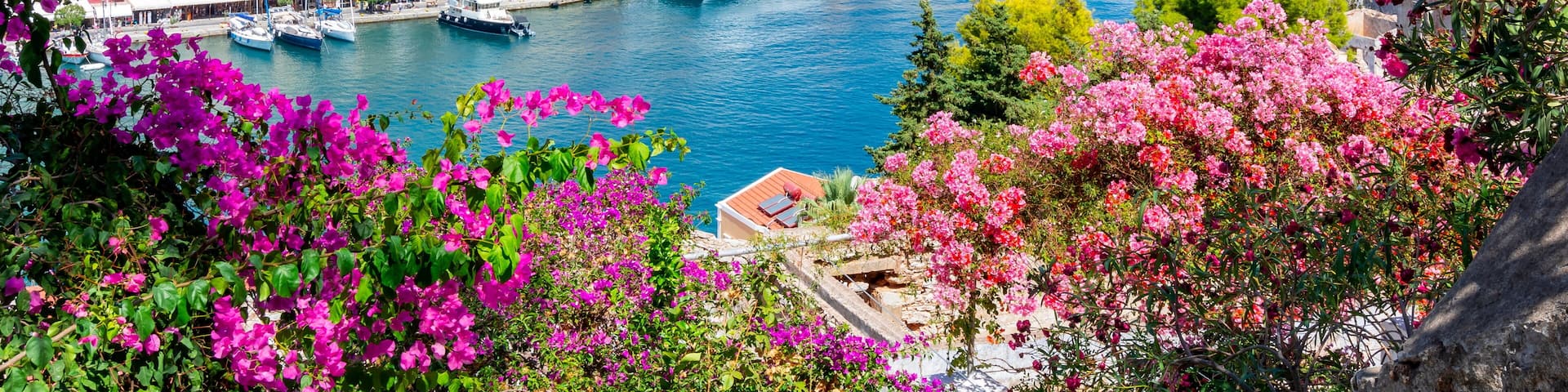 A coastal village with colorful buildings, a harbor with boats, and a mountain backdrop.